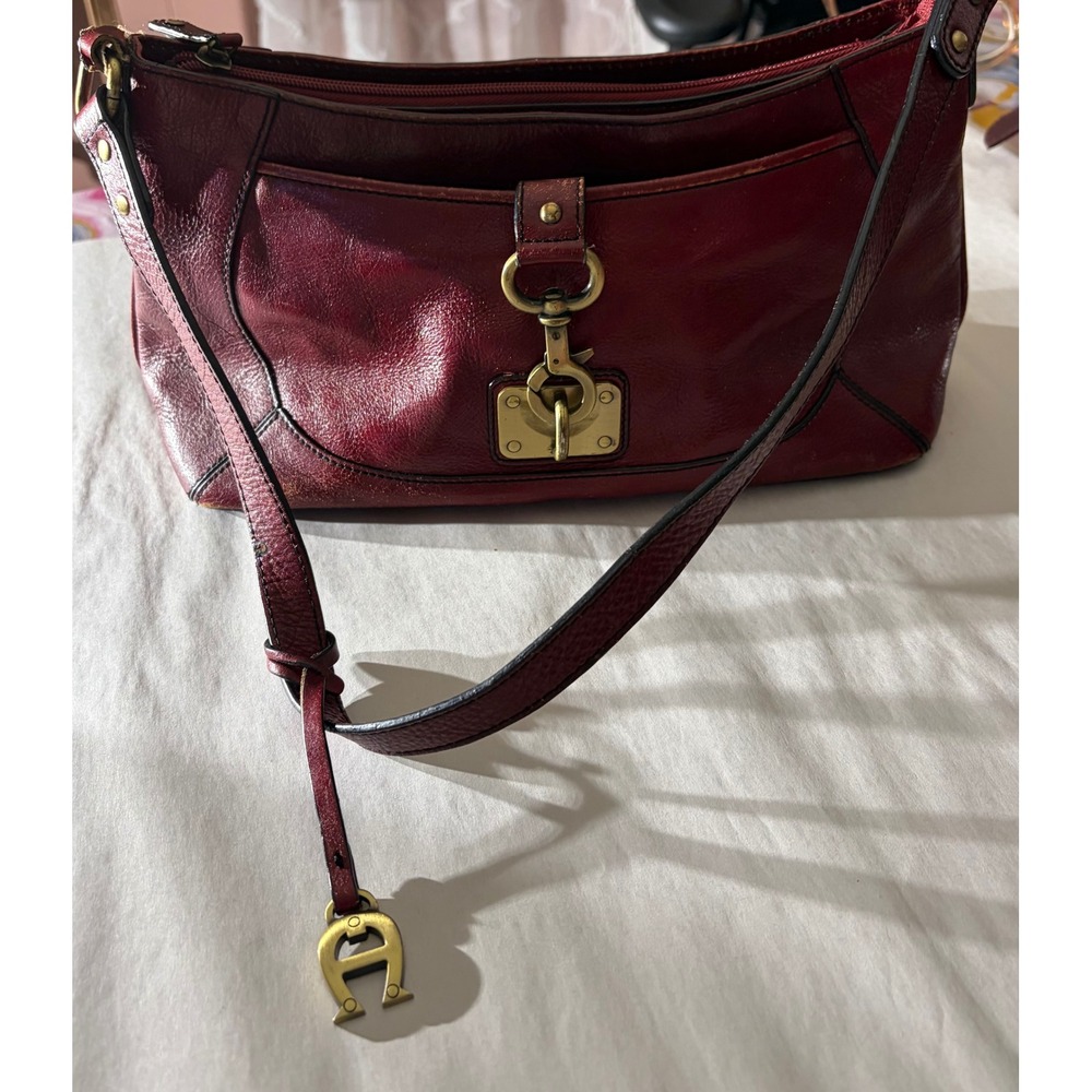 Etienne Aigner Oxblood Red Leather Shoulder Bag Brass Hardware Hobo